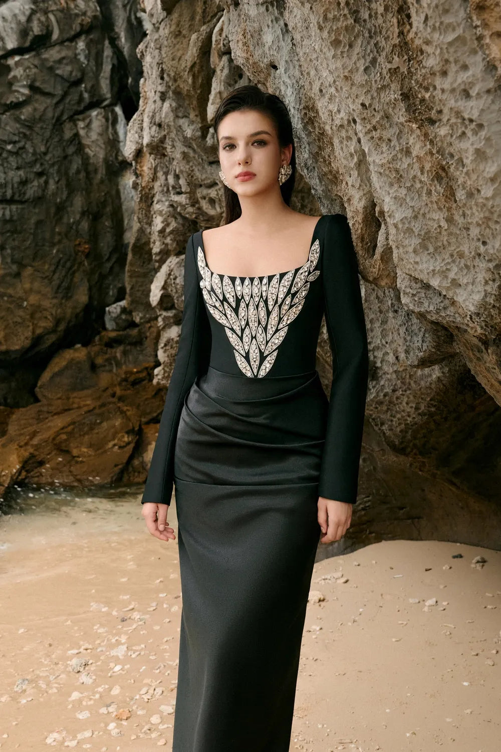 U-Neckline Curved Gathered Straight Dress